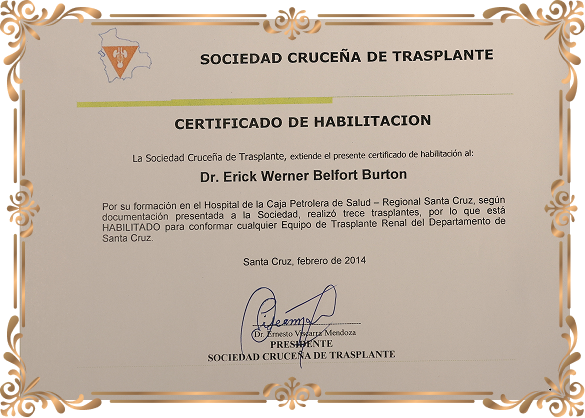 Certificado de la Sociedad Cruceña de Urología