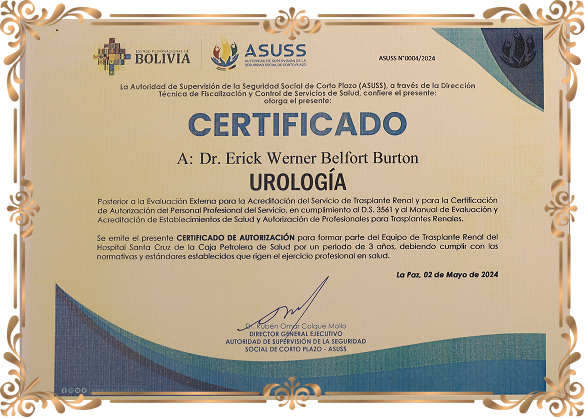Certificado de la Sociedad Cruceña de Urología